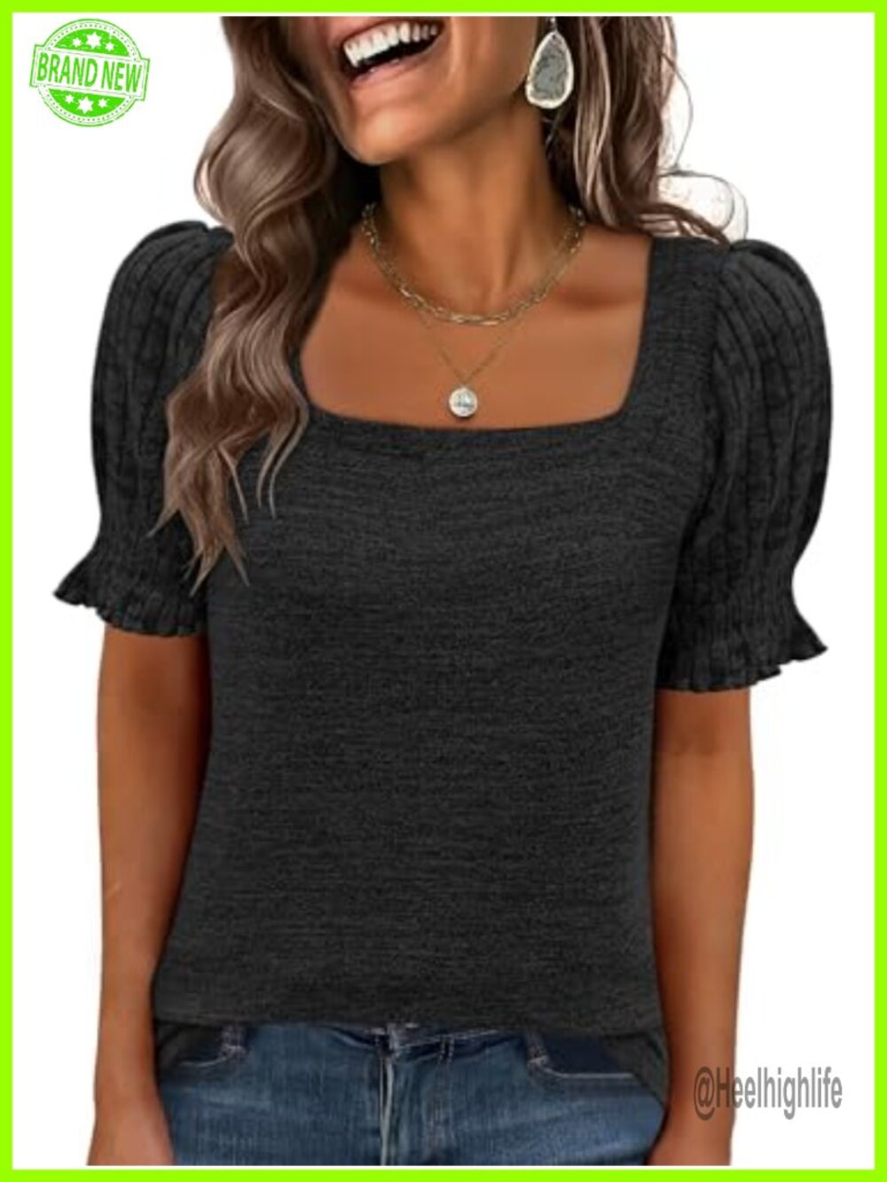Womens Ruffle Trim Short Sleeve Square Neck Blouse Dressy Casual Top